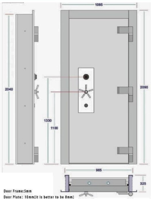 Plan technique de la porte blindée avec dimensions